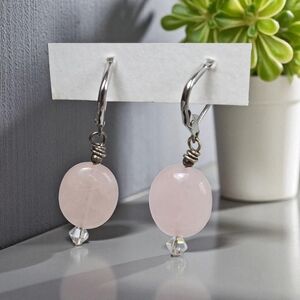 Silver Tone Rose Quartz Pink Stone Drop Earrings